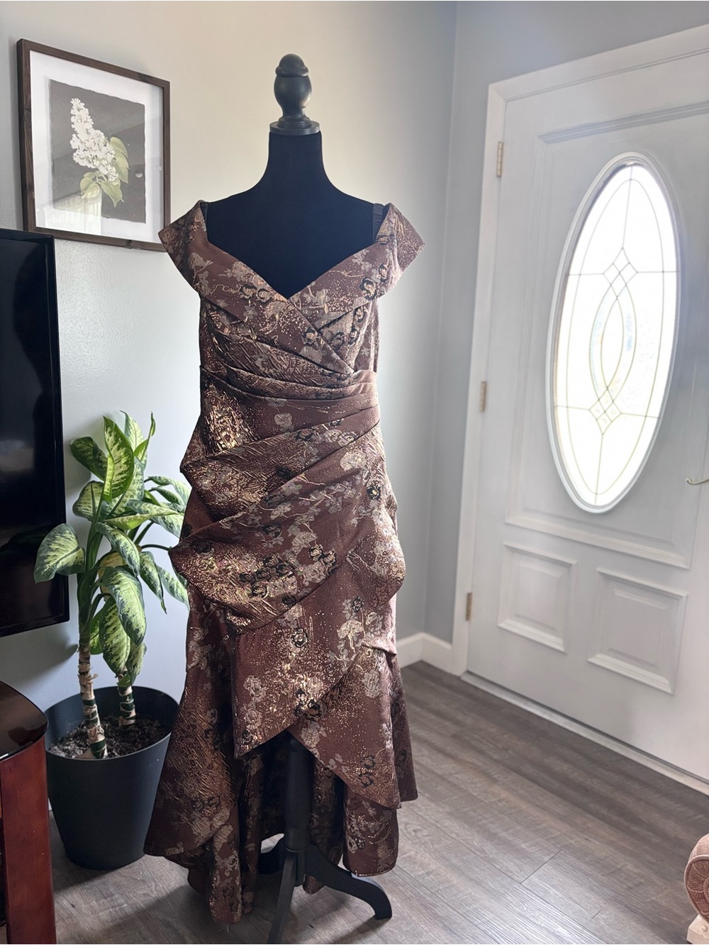 Azazie Brown Metallic Brocade High-Low Evening Dress